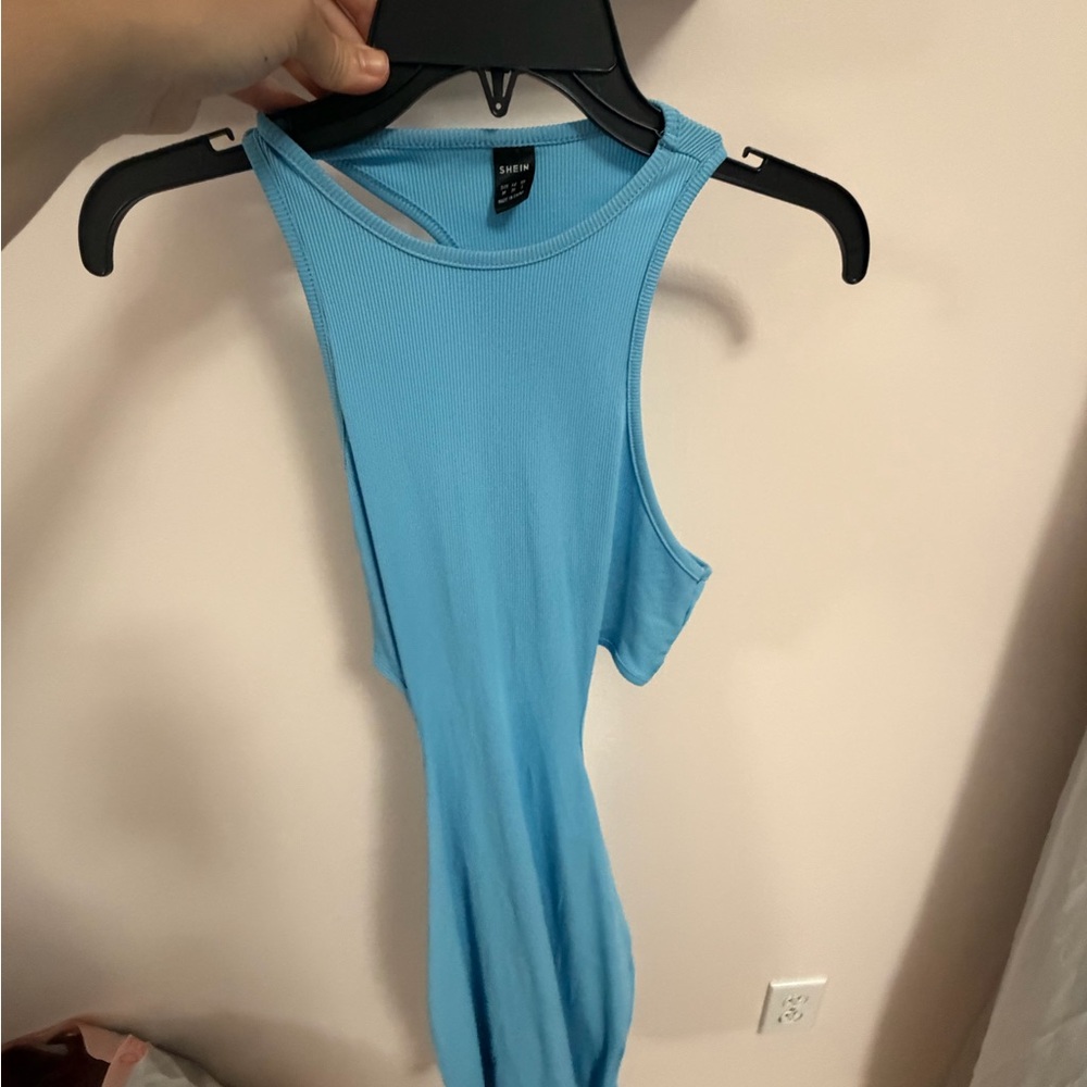 SHEIN Sky Blue Ribbed Racerback Tank Top